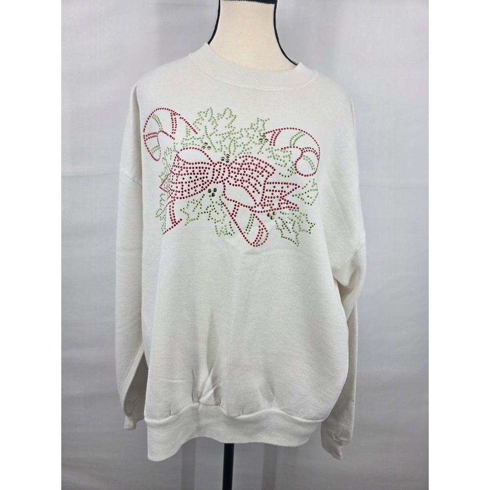 Vintage Jerzees Christmas Sweatshirt XL Cream Rhinestone Candy Cane USA Made